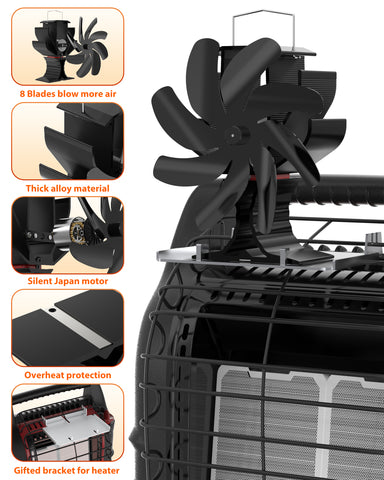 8 Blades Wood Stove Fan with Heater Tray for Outdoor&Camping&Fishing&Home