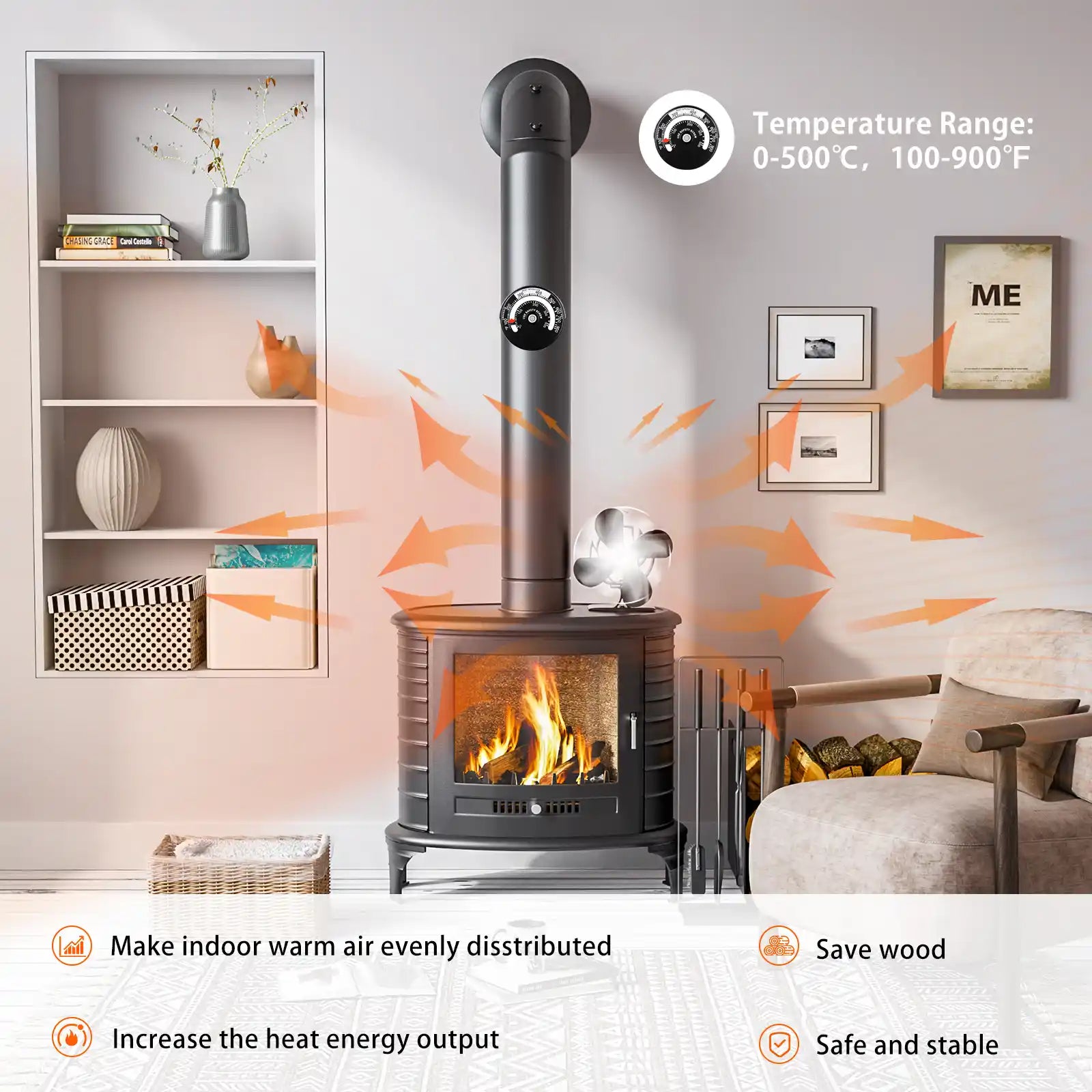 Heat Powered Wood Stove Fan for Wood/Log Burner/Fireplace/Heater