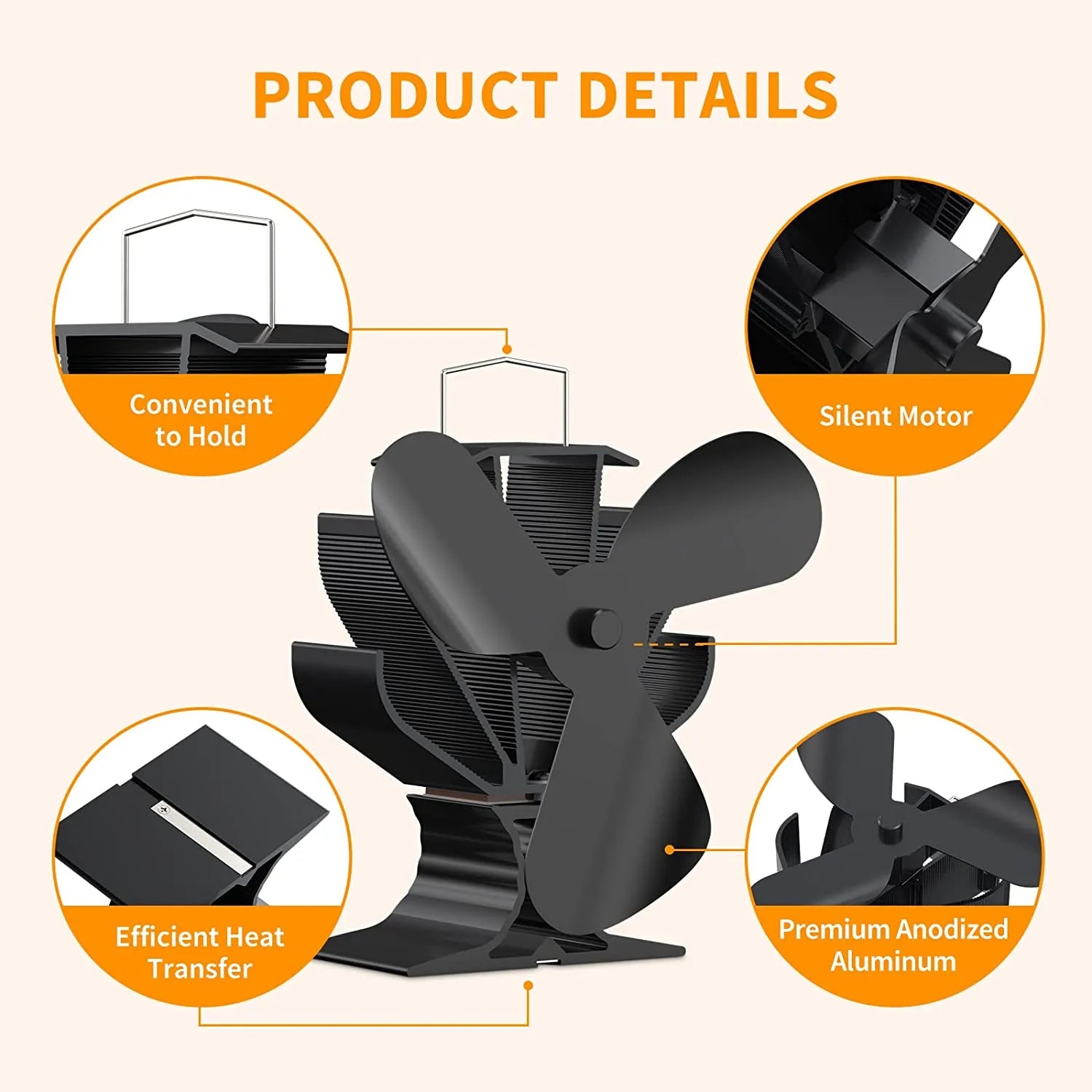 Heat Powered Wood Stove Fan for Wood/Log Burner/Fireplace/Heater