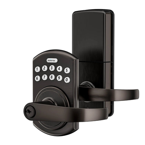 Electronic keyless entry door lock with keypad, lever and handle (black)
