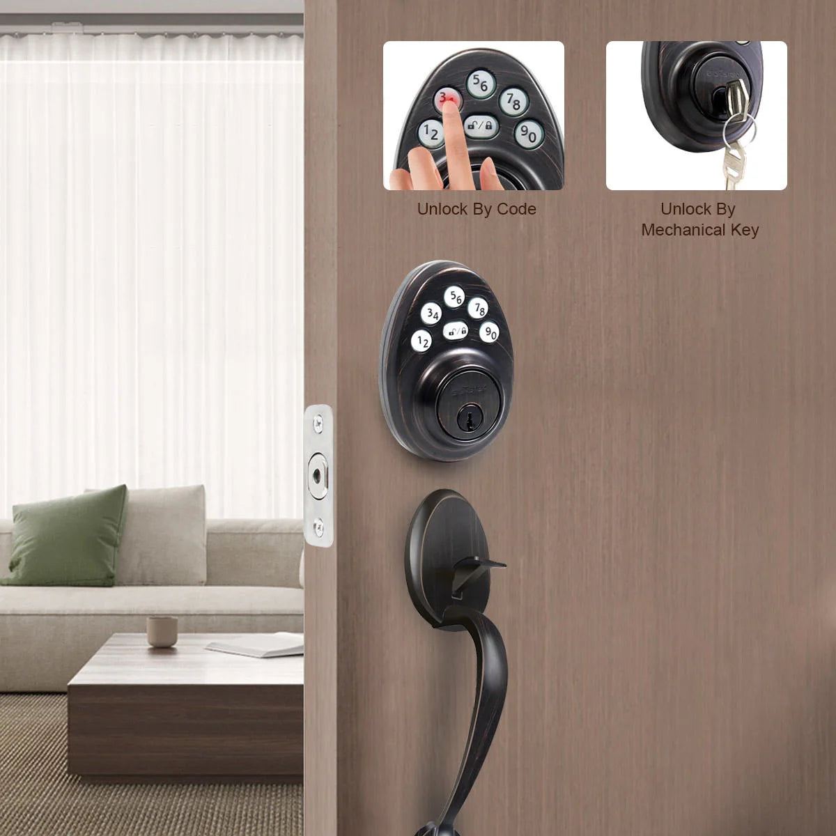 Front door handleset unlock by code or mechanical key